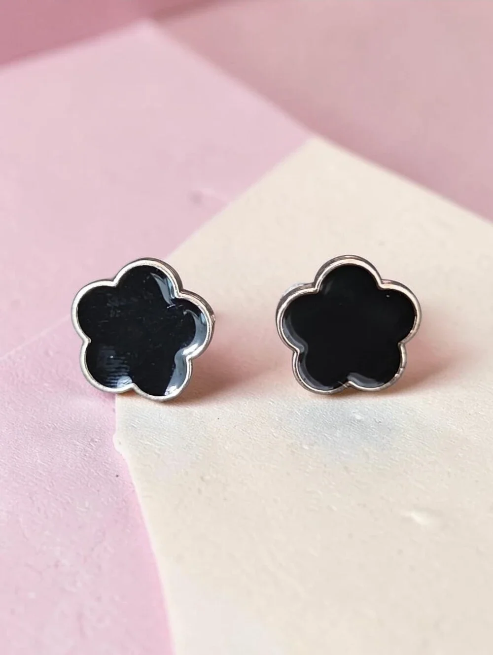 Black Flower Stud Earrings with Silver Trim